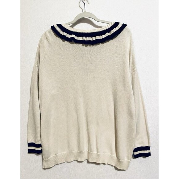 Ralph Lauren Sweater Womens XL Ivory Black Ruffle V Neck Cottagecore Feminine - Picture 3 of 6